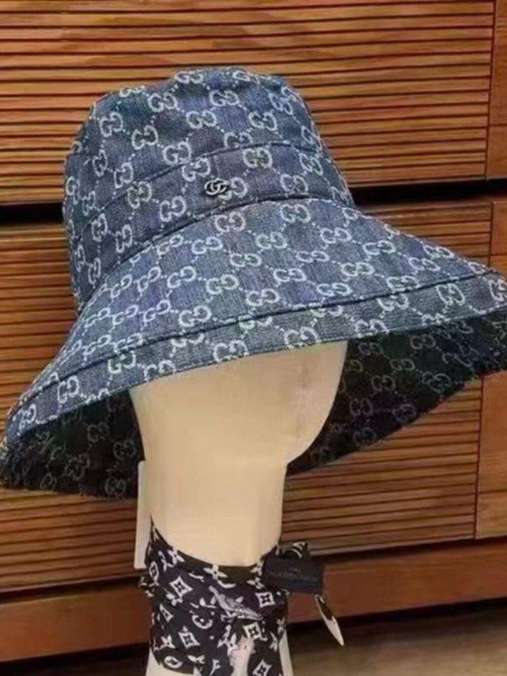 Gucci Blue Denim GG Monogram Fringe Bucket Hat
